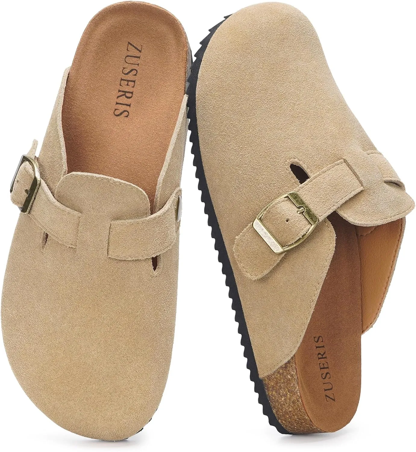 ZUSERIS Women's Men's Suede Clogs Leather Mules Cork Footbed Potato Shoes Comfort Slip on Sandals with Arch Support