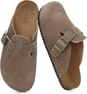 ZUSERIS Women's Men's Suede Clogs Leather Mules Cork Footbed Potato Shoes Comfort Slip on Sandals with Arch Support