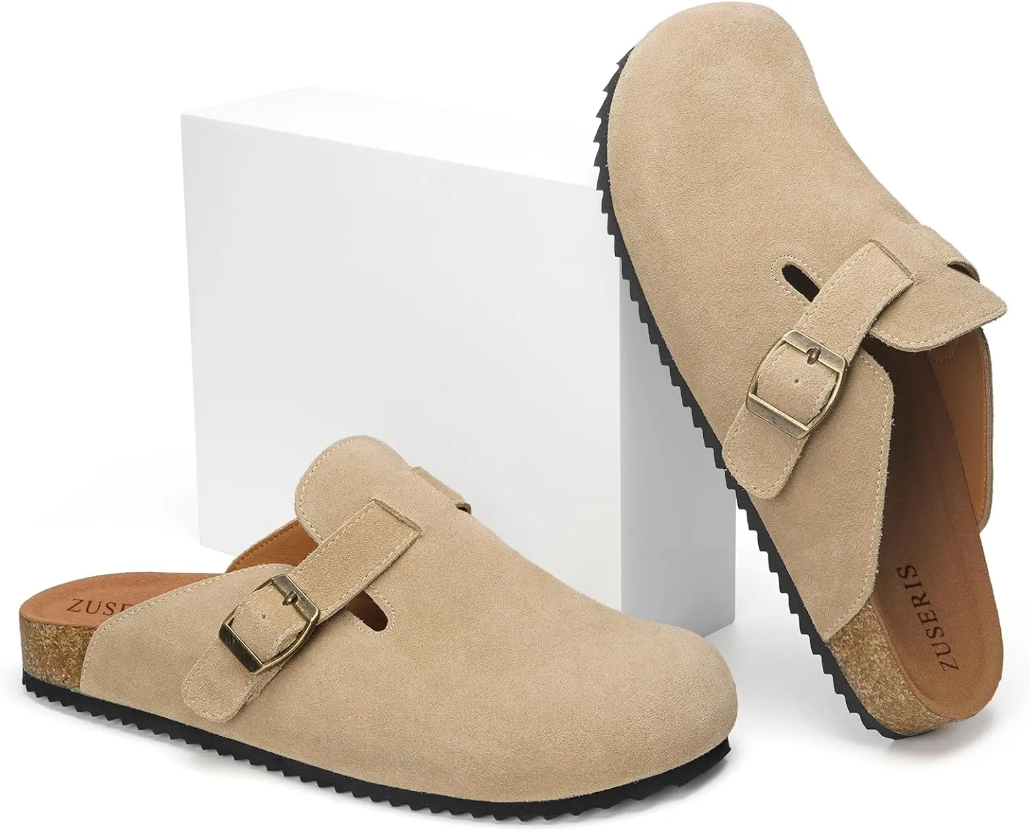 ZUSERIS Women's Men's Suede Clogs Leather Mules Cork Footbed Potato Shoes Comfort Slip on Sandals with Arch Support