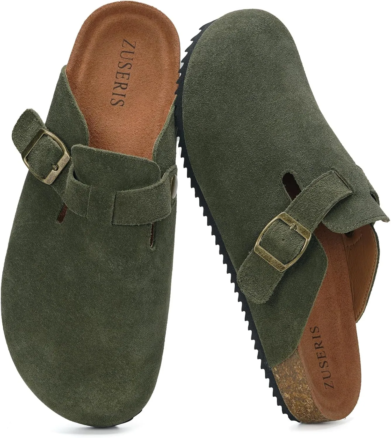 ZUSERIS Women's Men's Suede Clogs Leather Mules Cork Footbed Potato Shoes Comfort Slip on Sandals with Arch Support