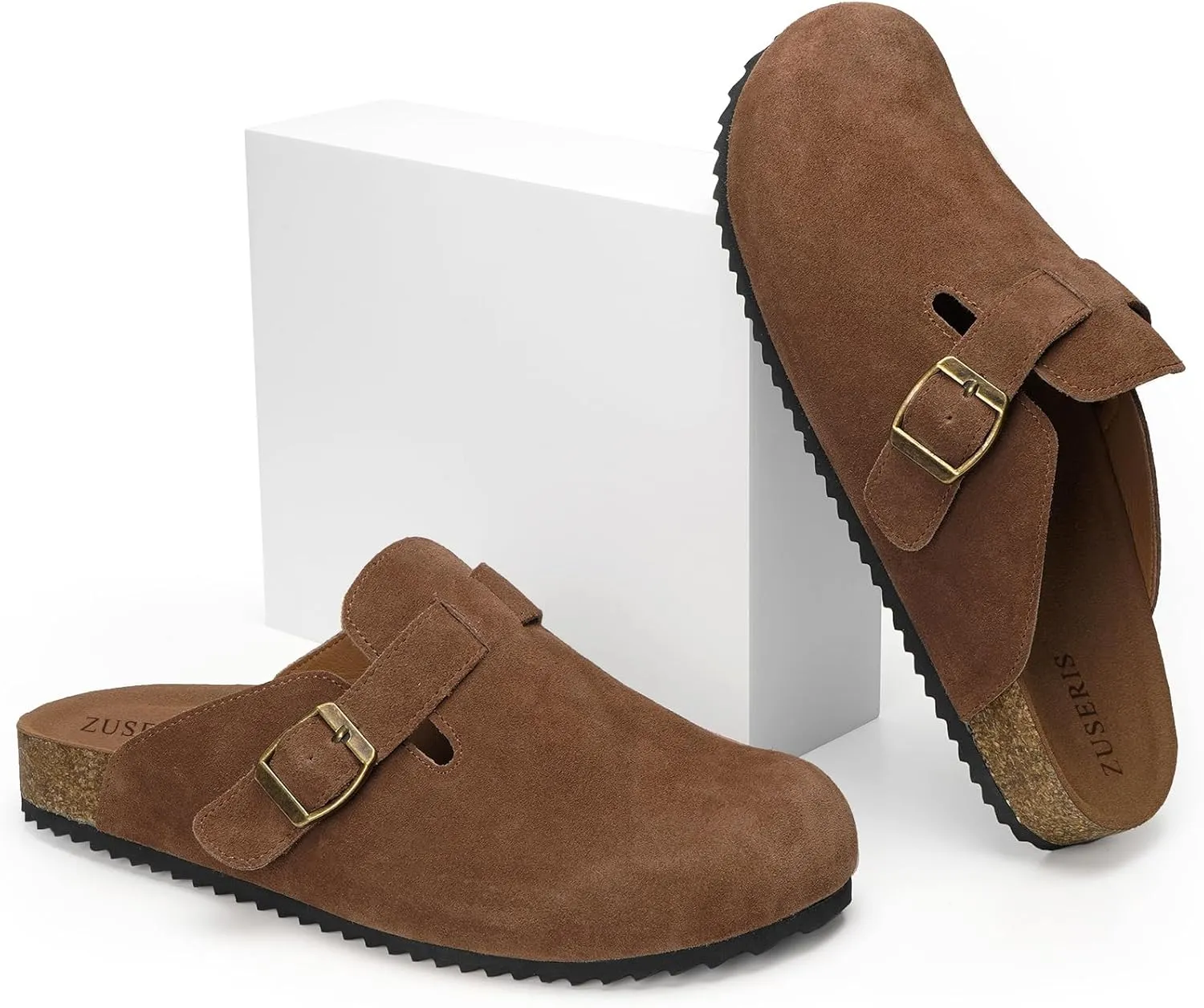 ZUSERIS Women's Men's Suede Clogs Leather Mules Cork Footbed Potato Shoes Comfort Slip on Sandals with Arch Support