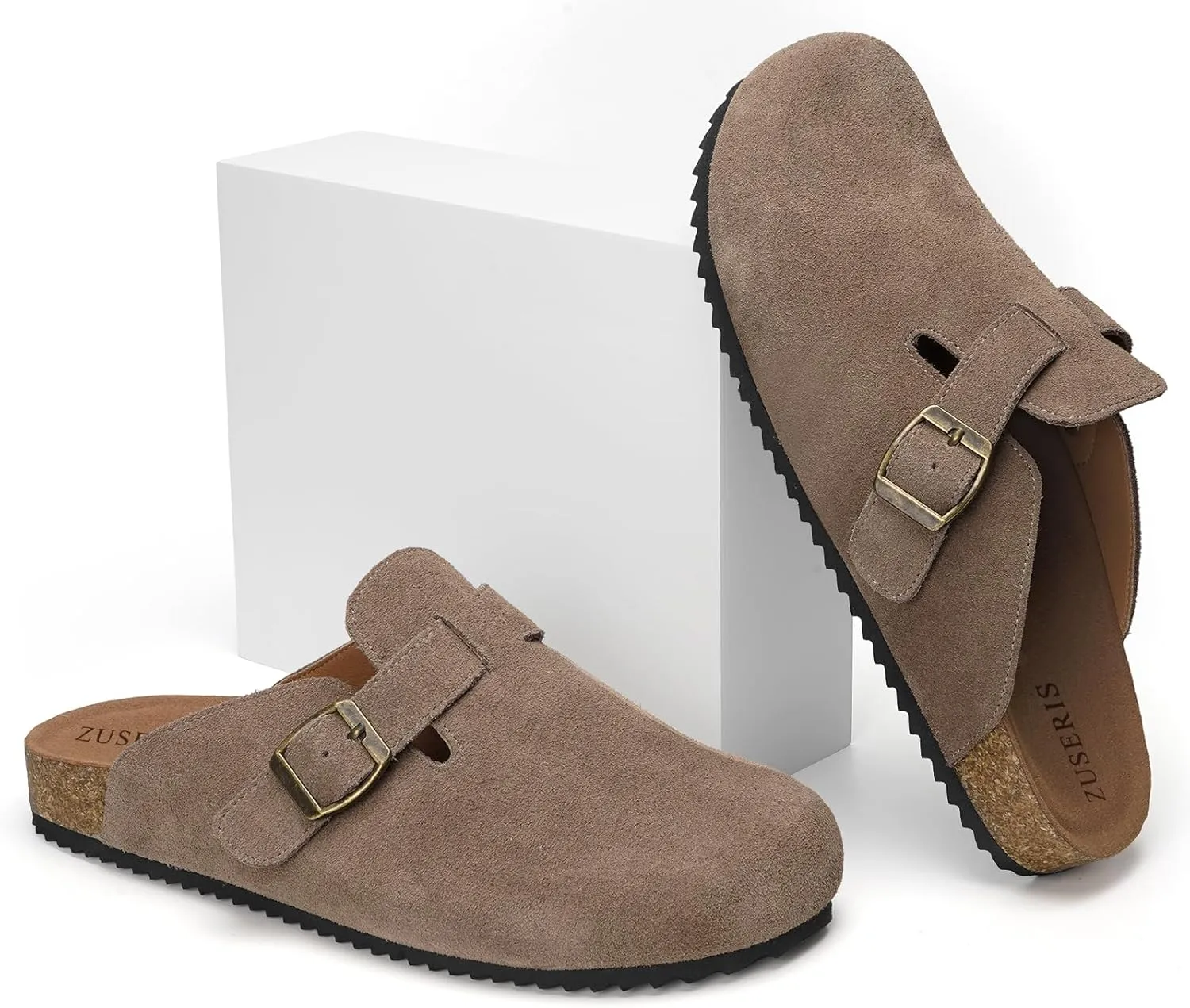 ZUSERIS Women's Men's Suede Clogs Leather Mules Cork Footbed Potato Shoes Comfort Slip on Sandals with Arch Support
