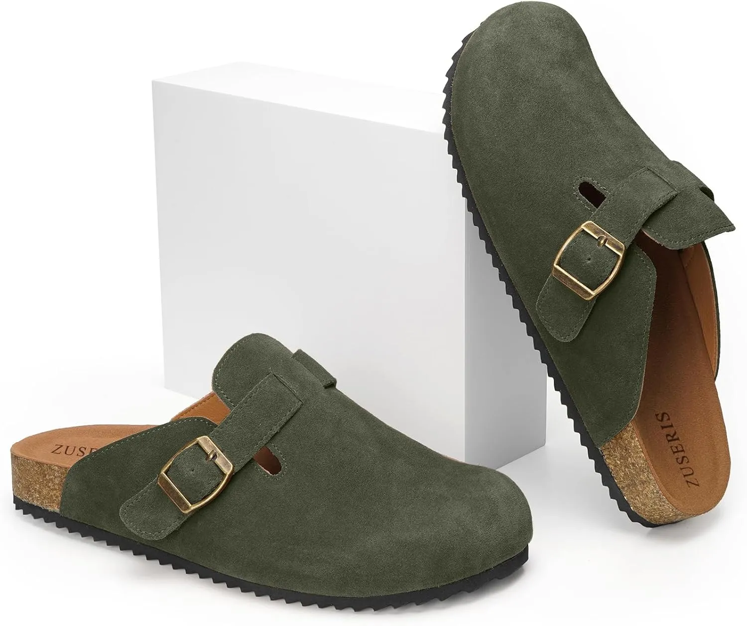 ZUSERIS Women's Men's Suede Clogs Leather Mules Cork Footbed Potato Shoes Comfort Slip on Sandals with Arch Support