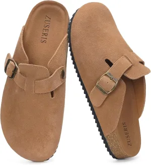 ZUSERIS Women's Men's Suede Clogs Leather Mules Cork Footbed Potato Shoes Comfort Slip on Sandals with Arch Support