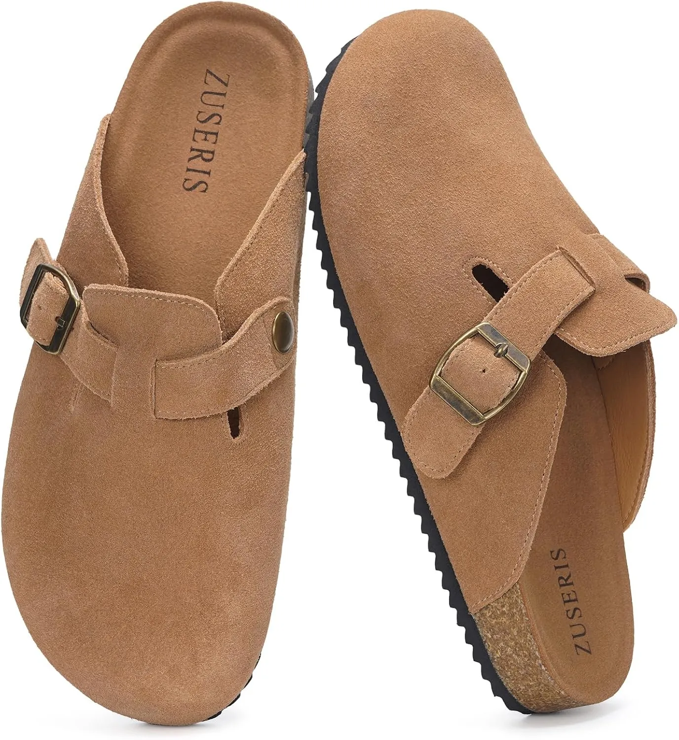 ZUSERIS Women's Men's Suede Clogs Leather Mules Cork Footbed Potato Shoes Comfort Slip on Sandals with Arch Support