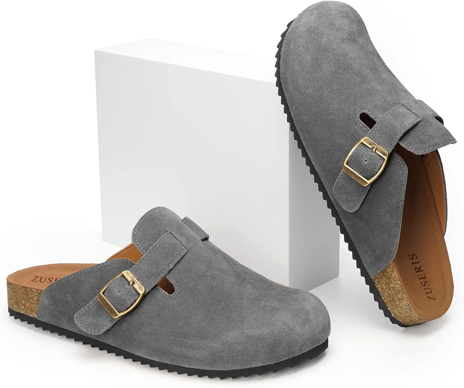 ZUSERIS Women's Men's Suede Clogs Leather Mules Cork Footbed Potato Shoes Comfort Slip on Sandals with Arch Support