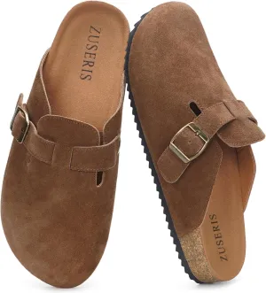 ZUSERIS Women's Men's Suede Clogs Leather Mules Cork Footbed Potato Shoes Comfort Slip on Sandals with Arch Support